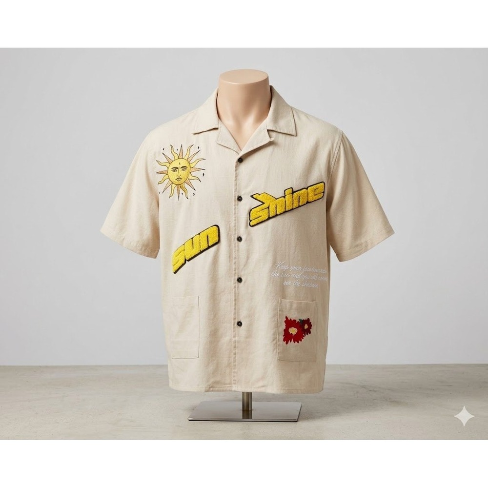 mnml Mens Tan Sun Shine Embroidered Short Sleeve Button Down Shirt Size M